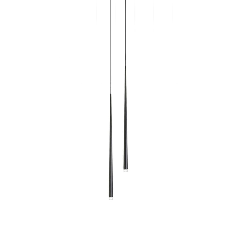 Two black tapered pendants of different lengths hang on fine cords against a white background, from Clérachic.