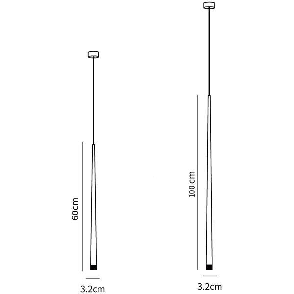Dimension drawing of this Clérachic pendant, showing 60 cm and 100 cm tube lengths and a 3.2 cm tube width.