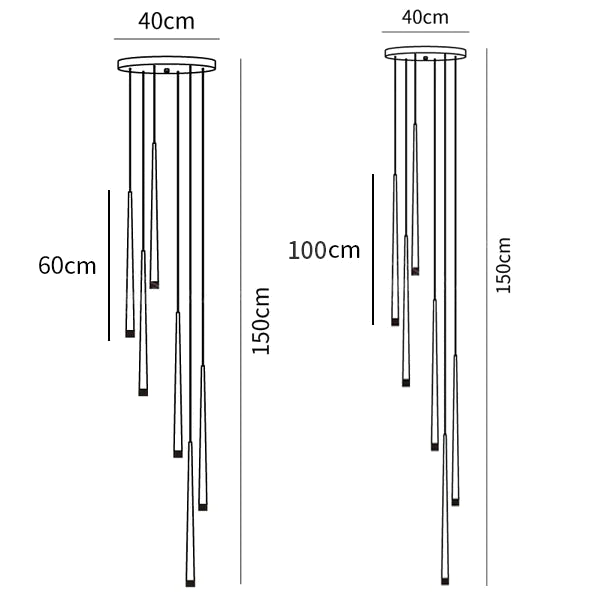 Dimension drawing of this Clérachic pendant on a 40 cm round canopy, with 60 cm and 100 cm tubes and a 150 cm overall drop.
