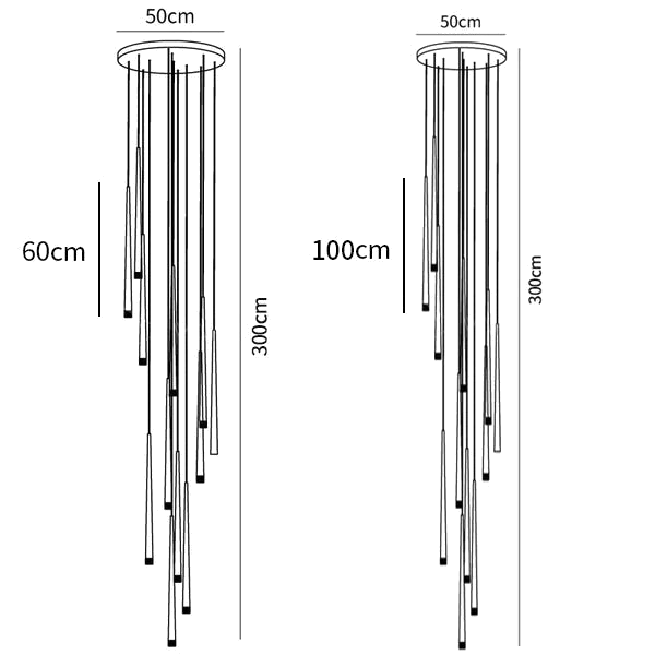 Dimension drawing of this Clérachic pendant on a 50 cm round canopy, with 60 cm and 100 cm tubes and a 300 cm overall drop.
