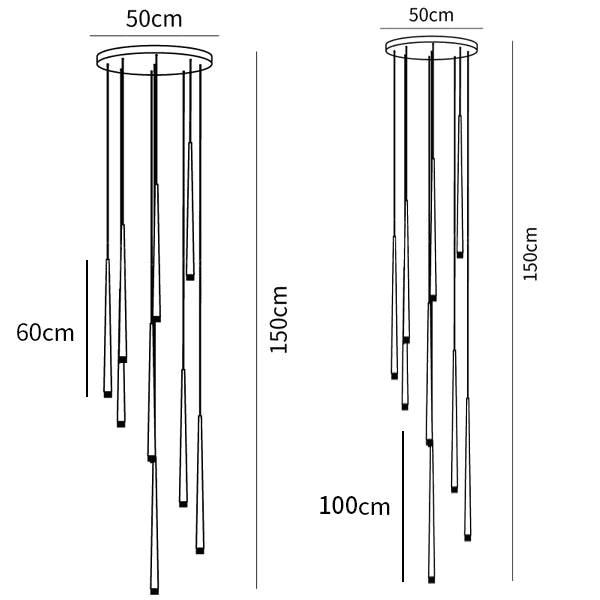 Dimension drawing of this Clérachic pendant on a 50 cm round canopy, with 60 cm and 100 cm tubes and a 150 cm overall drop.