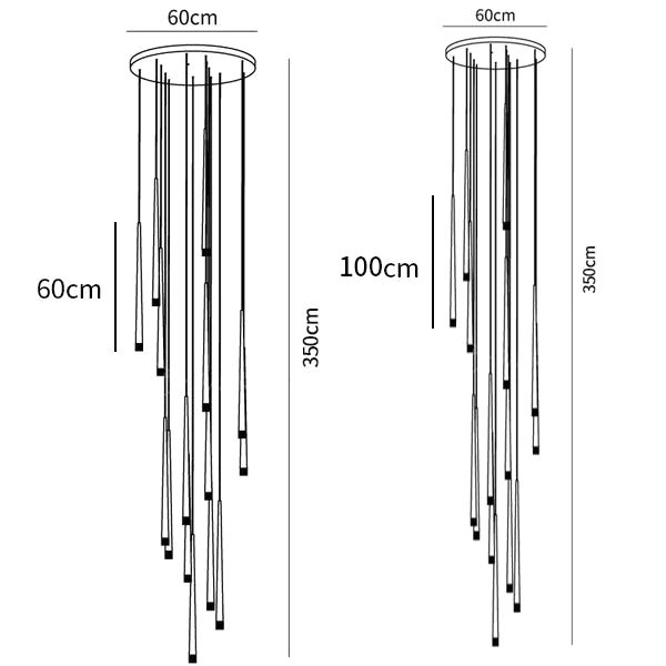 Dimension drawing of this Clérachic pendant on a 60 cm round canopy, with 60 cm and 100 cm tubes and a 350 cm overall drop.