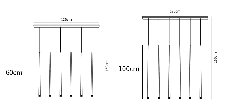 Dimension drawing of this Clérachic pendant on a 120 cm long canopy, with 60 cm and 100 cm tubes and a 150 cm drop.