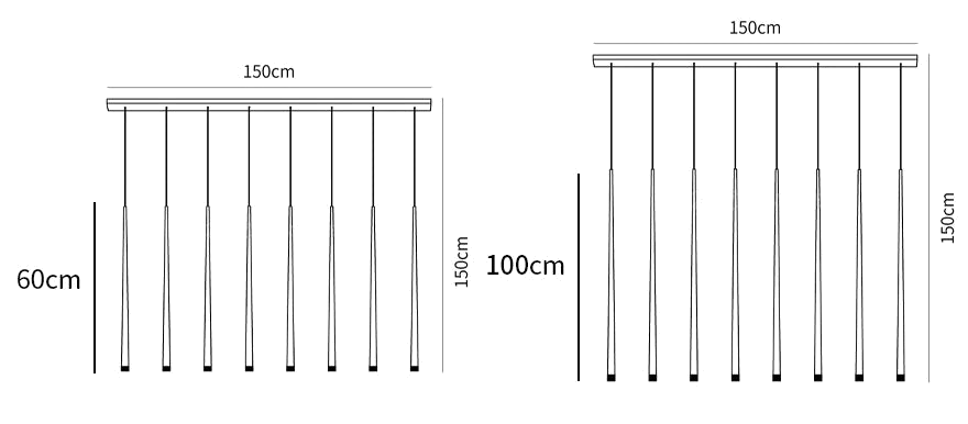 Dimension drawing of this Clérachic pendant on a 150 cm long canopy, with 60 cm and 100 cm tubes and a 150 cm drop.