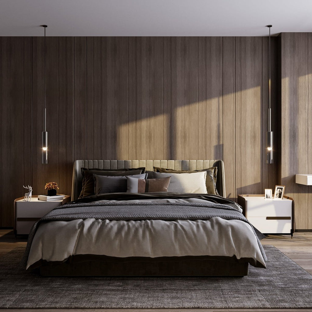 Two black-tinted pendants flank a wood-panelled bedroom wall, hanging unlit above matching bedside cabinets, Clérachic lifestyle shot.