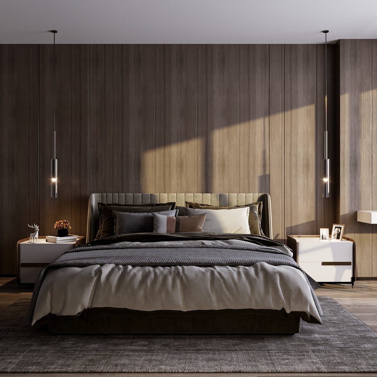 Two black-tinted pendants flank a wood-panelled bedroom wall, hanging unlit above matching bedside cabinets, Clérachic lifestyle shot.