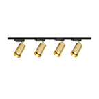 Four gold cylindrical spotlights on a straight black Clérachic track, shown on a plain white background.