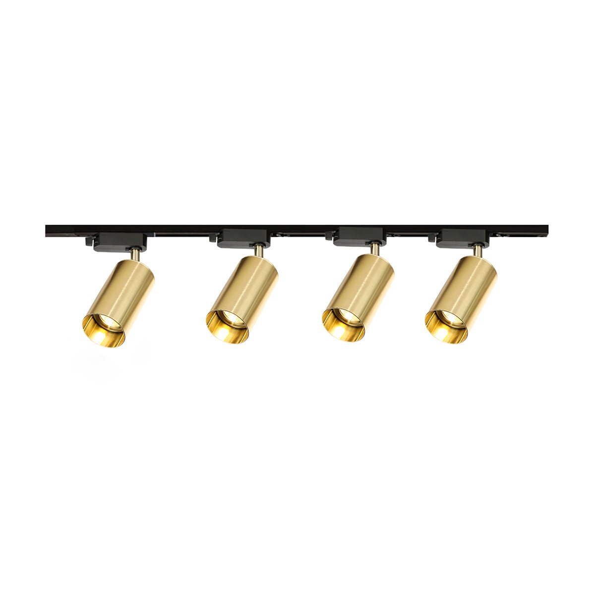 Four gold cylindrical spotlights on a straight black Clérachic track, shown on a plain white background.