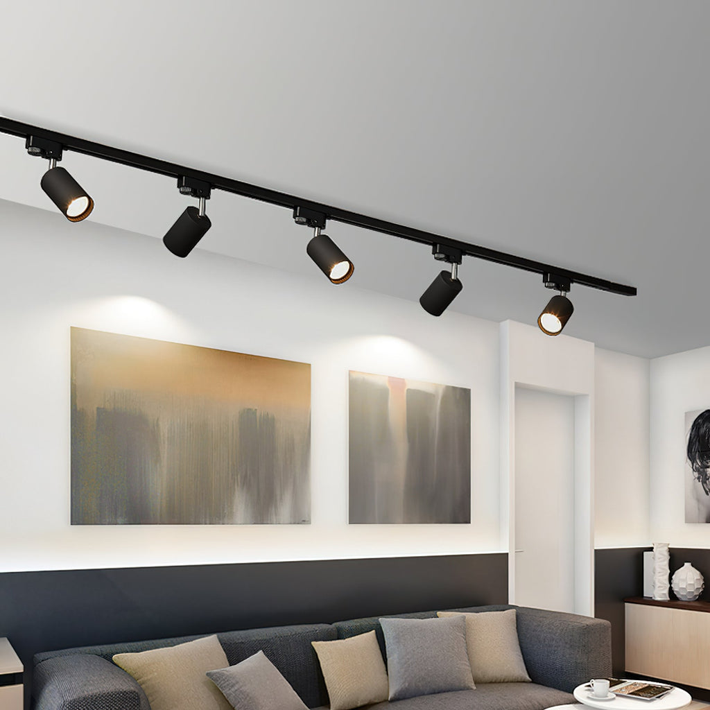 Five black Clérachic track heads on a straight track above a living room with two abstract paintings and a grey sofa.