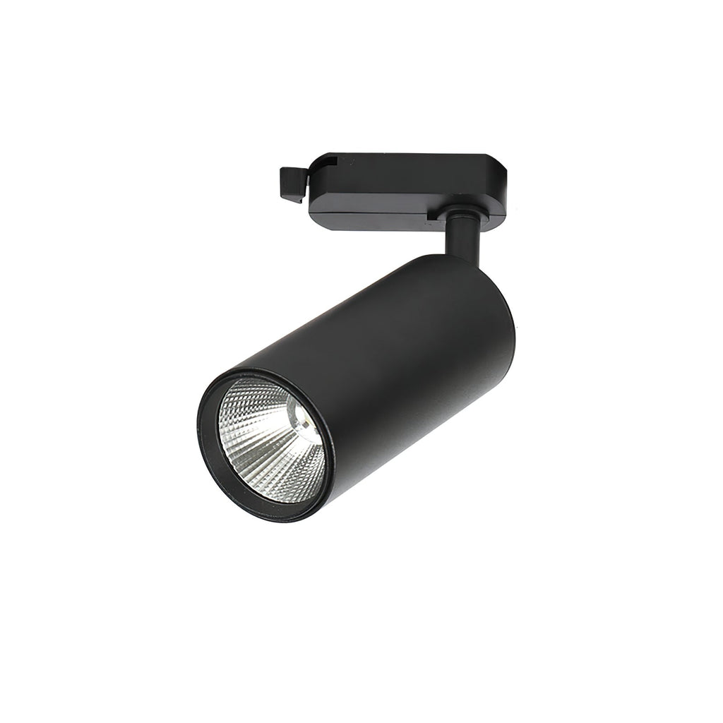 Single black cylindrical Clérachic track spotlight with its adaptor, shown on a plain white background.