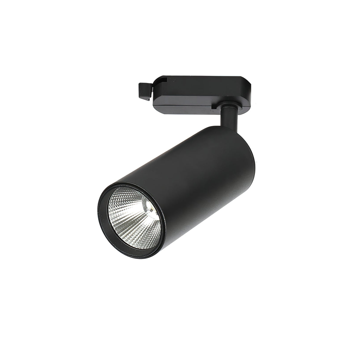 Single black cylindrical Clérachic track spotlight with its adaptor, shown on a plain white background.