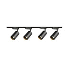Four black cylindrical spotlight heads on a straight black Clérachic track, on a white background.