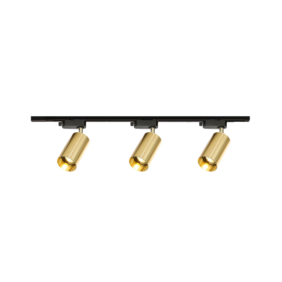 Three gold-headed Clérachic spotlights on a short black track, shown straight on against white.