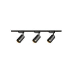 Three black cylindrical Clérachic track heads on a straight black rail, on a plain white background.
