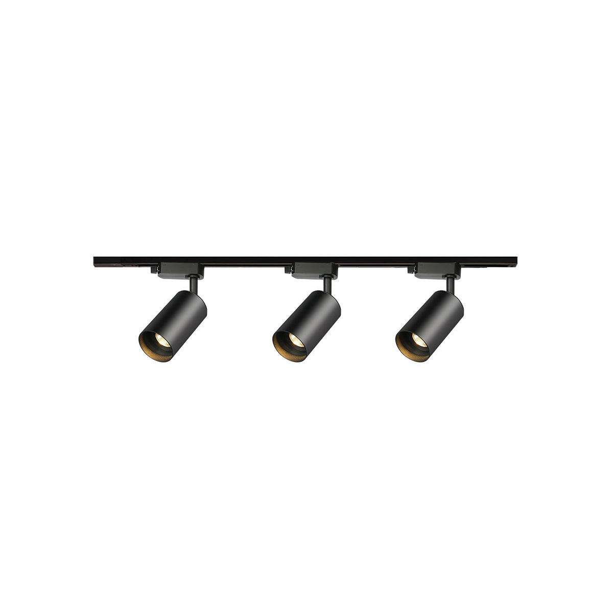 Three black cylindrical Clérachic track heads on a straight black rail, on a plain white background.