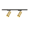 Two gold cylindrical Clérachic spotlights on a straight black track, front view on a white background.