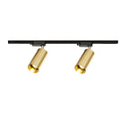 Two gold cylindrical Clérachic spotlights on a straight black track, front view on a white background.
