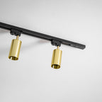 Two polished gold Clérachic spotlights on an angled black track, seen from below against a white ceiling.