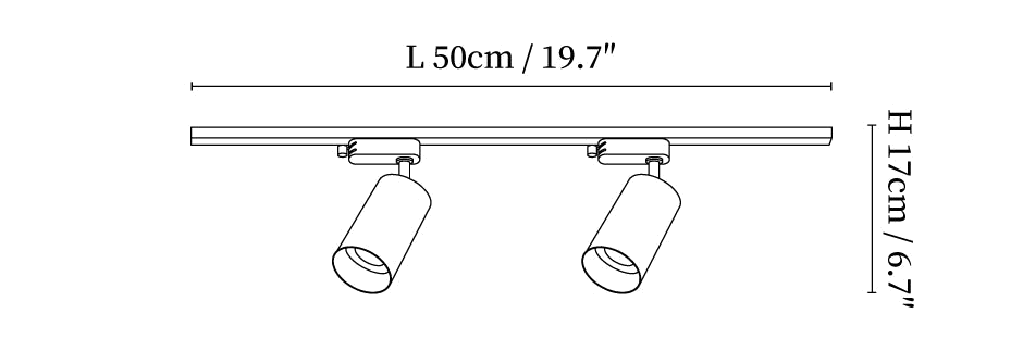 Dimension drawing of this Clérachic two-head track light, with its length and height marked.