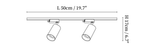 Dimension drawing of this Clérachic two-head track light, with its length and height marked.