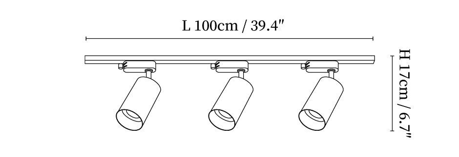 Dimension drawing of this Clérachic three-head track light, with its length and height marked.