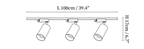 Dimension drawing of this Clérachic three-head track light, with its length and height marked.