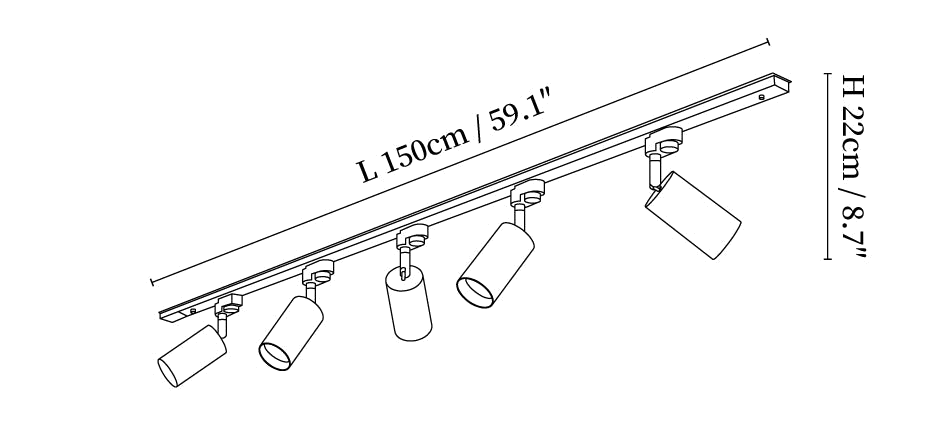 Dimension drawing of this Clérachic five-head track light, with its length and height marked.