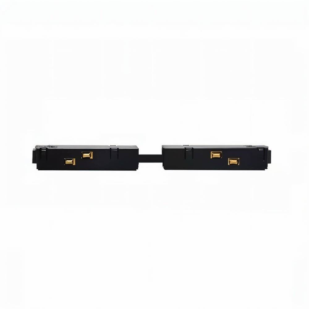 Clérachic black track rail connector bridge with gold contact pins, shown joining two sections end to end.