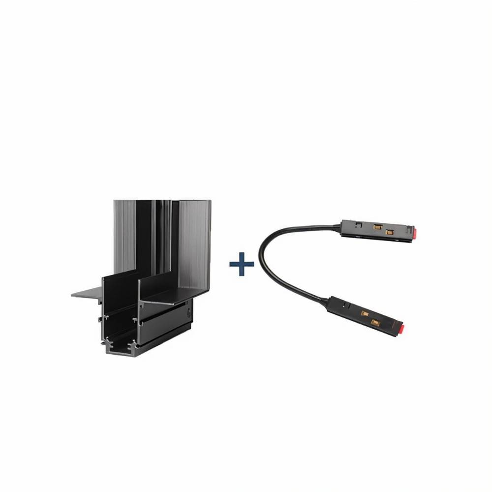 Clérachic black L-shaped track rail corner joint shown beside a flexible connector cable for angled runs.