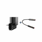 Clérachic black L-shaped track rail corner joint shown beside a flexible connector cable for angled runs.