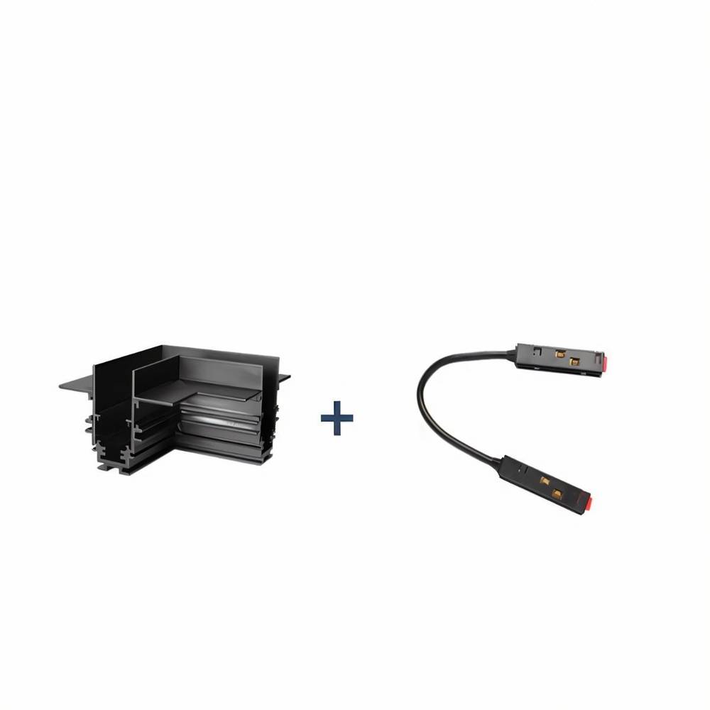 Clérachic black track rail corner connector paired with a short flexible cable joint for angled installations.