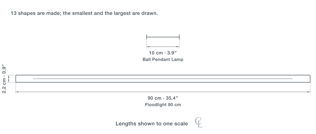 Technical dimension drawing of the Clérachic Black Track Lighting for Living Room, Adjustable Heads, 12 cm in 2 sizes — Ball Pendant Lamp at 10 cm (3.9″) long, Floodlight 90 cm at 90 × 2.2 cm (35.4 × 0.9″), drawn to one scale.