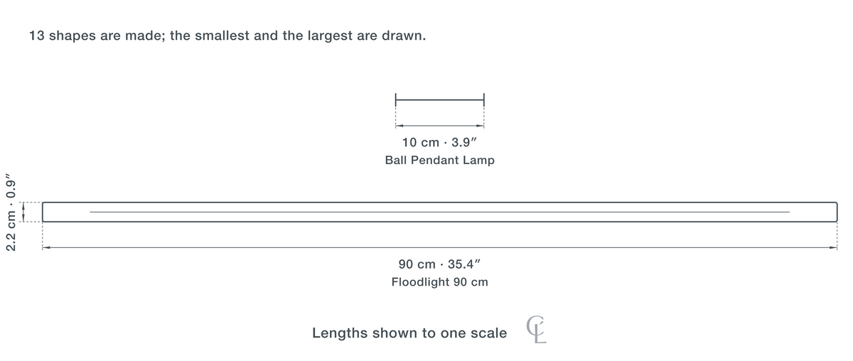 Technical dimension drawing of the Clérachic Black Track Lighting for Living Room, Adjustable Heads, 12 cm in 2 sizes — Ball Pendant Lamp at 10 cm (3.9″) long, Floodlight 90 cm at 90 × 2.2 cm (35.4 × 0.9″), drawn to one scale.