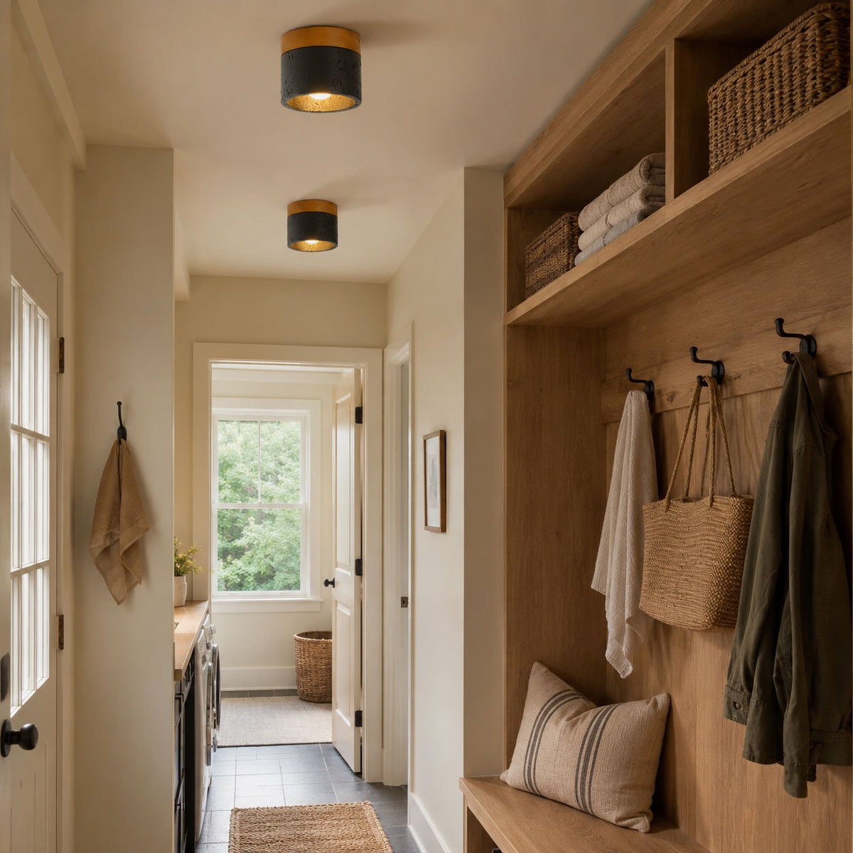 Two Clérachic flush ceiling lights run down a narrow hallway beside a wooden coat rack with hanging bags and jackets.