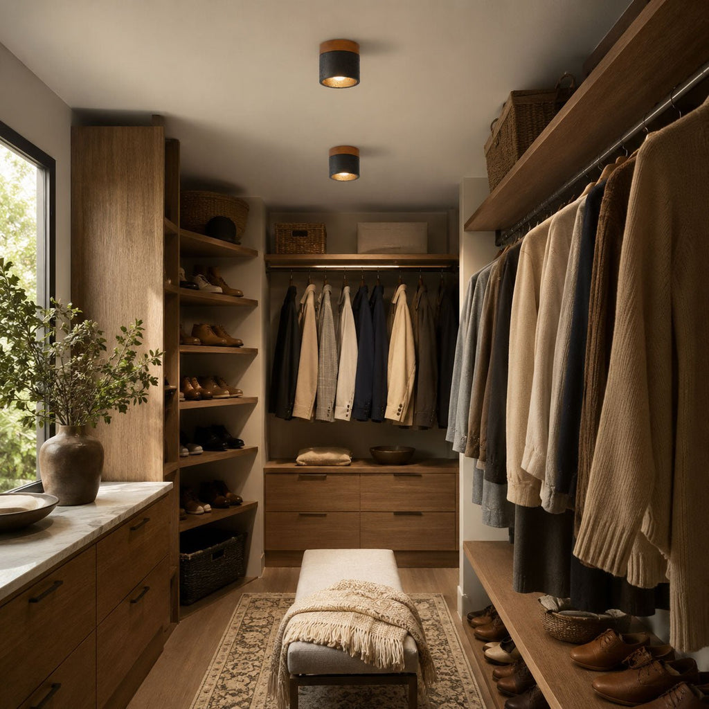In a walk-in wardrobe lined with wood shelving and hanging knitwear, two Clérachic flush ceiling lights glow overhead.