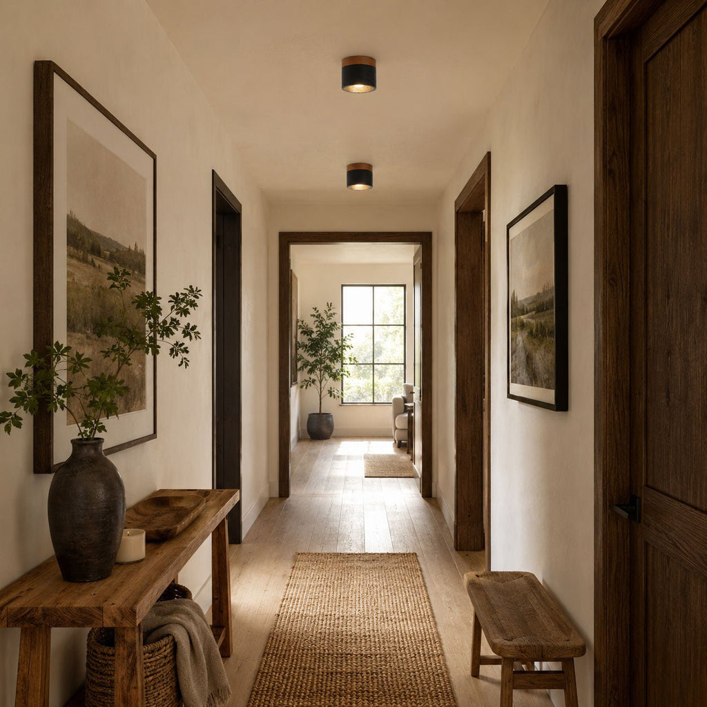 Along a long hallway with a jute runner and framed landscapes, two Clérachic flush ceiling lights glow in a row.