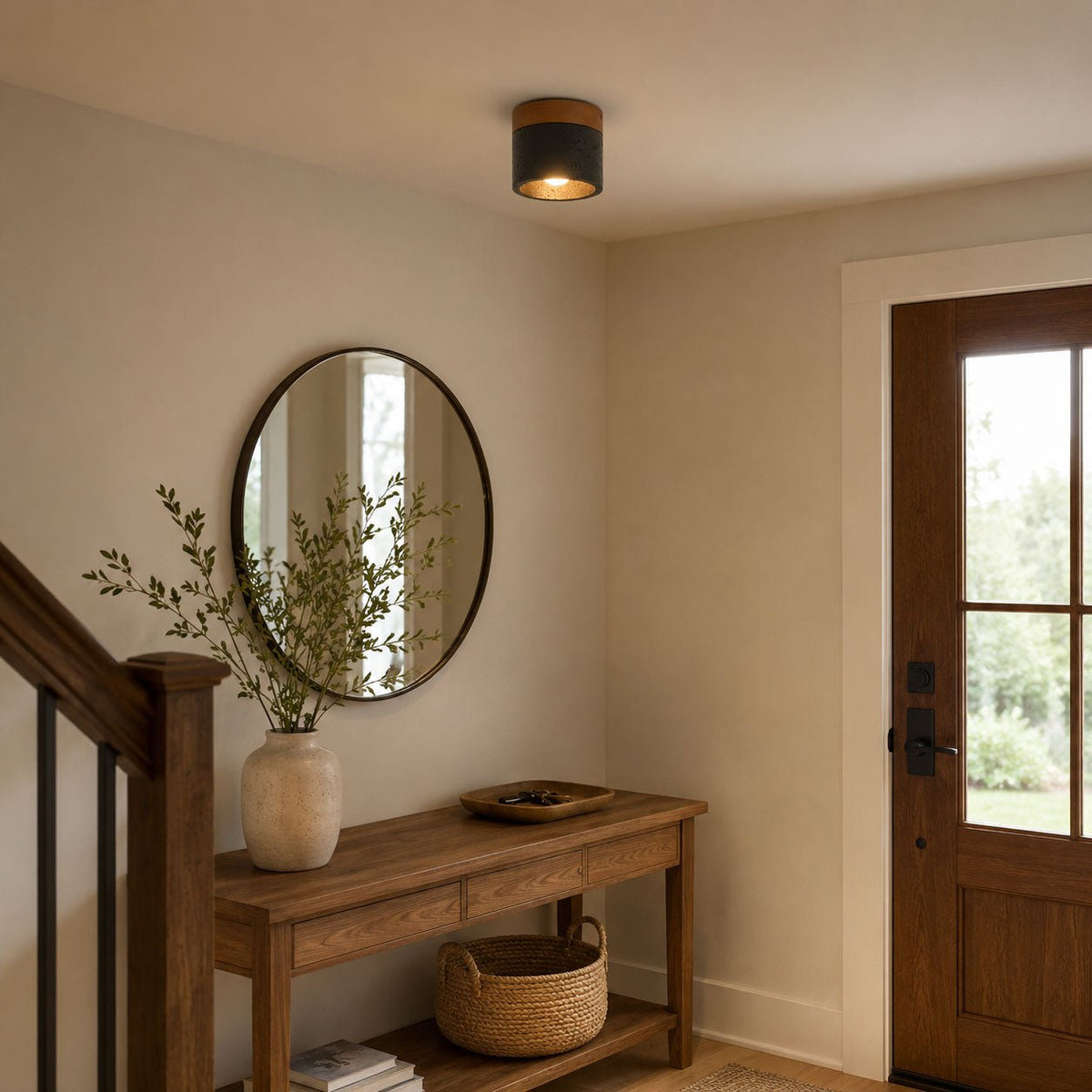 A lit Clérachic flush ceiling light above a round mirror and a wooden console table at the foot of a staircase.
