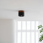Small on a white ceiling above sheer curtains, a Clérachic flush ceiling light hangs with its walnut top and pitted black body.