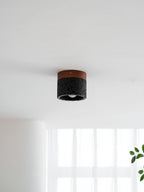 This Clérachic flush ceiling light in a pale room, switched off, with sheer curtains and a leafy sprig below.