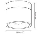 Clérachic ceiling light dimension drawing, every measurement marked in centimetres and inches.