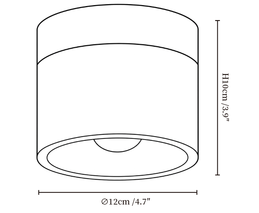 Clérachic ceiling light dimension drawing, every measurement marked in centimetres and inches.