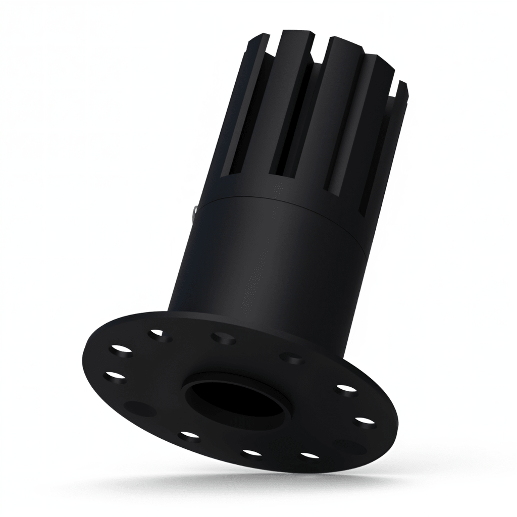 Clérachic black aluminium downlight body with finned reflector sleeve and a round mounting flange pierced with screw holes.