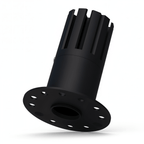 Clérachic black aluminium downlight body with finned reflector sleeve and a round mounting flange pierced with screw holes.