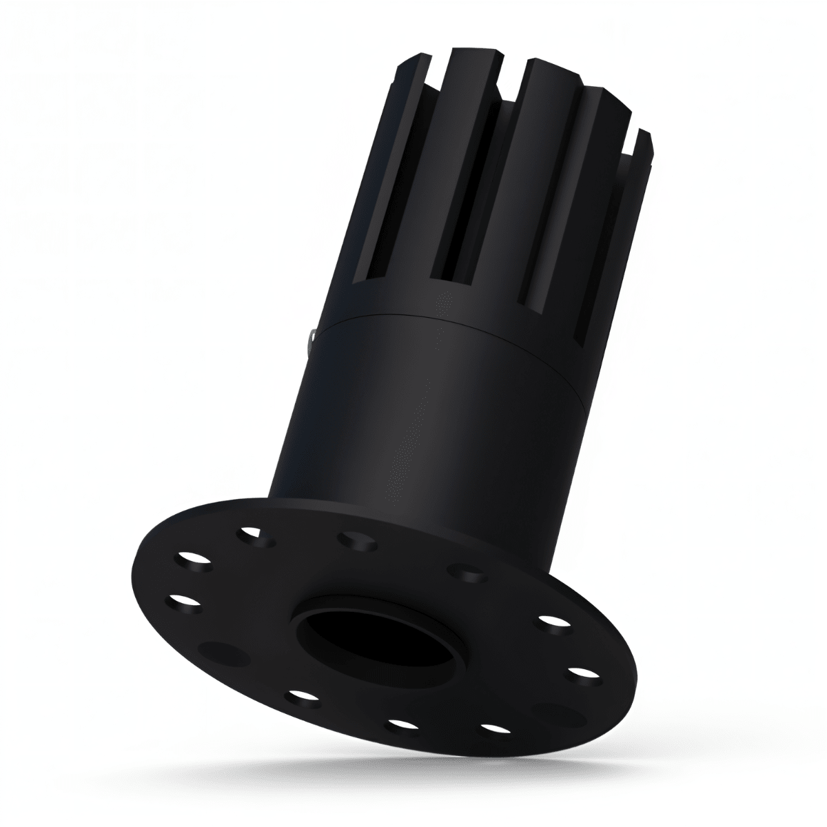 Clérachic black aluminium downlight body with finned reflector sleeve and a round mounting flange pierced with screw holes.