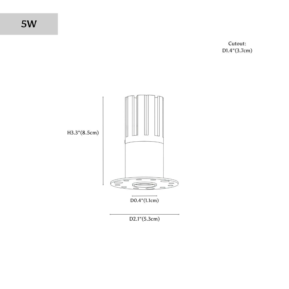 Clérachic downlight dimension drawing, 5 W, every measurement marked in centimetres and inches.