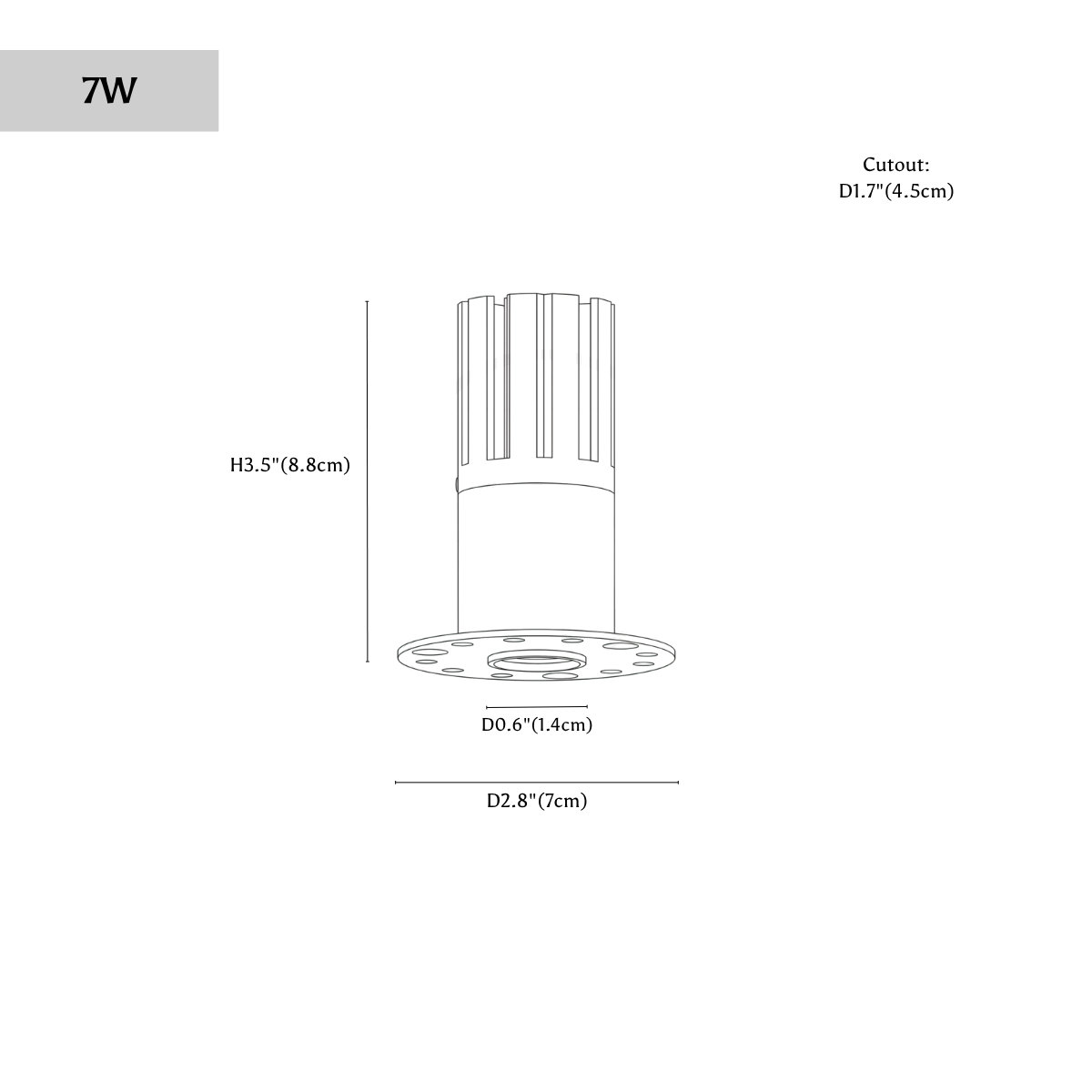 Clérachic downlight dimension drawing, 7 W, every measurement marked in centimetres and inches.