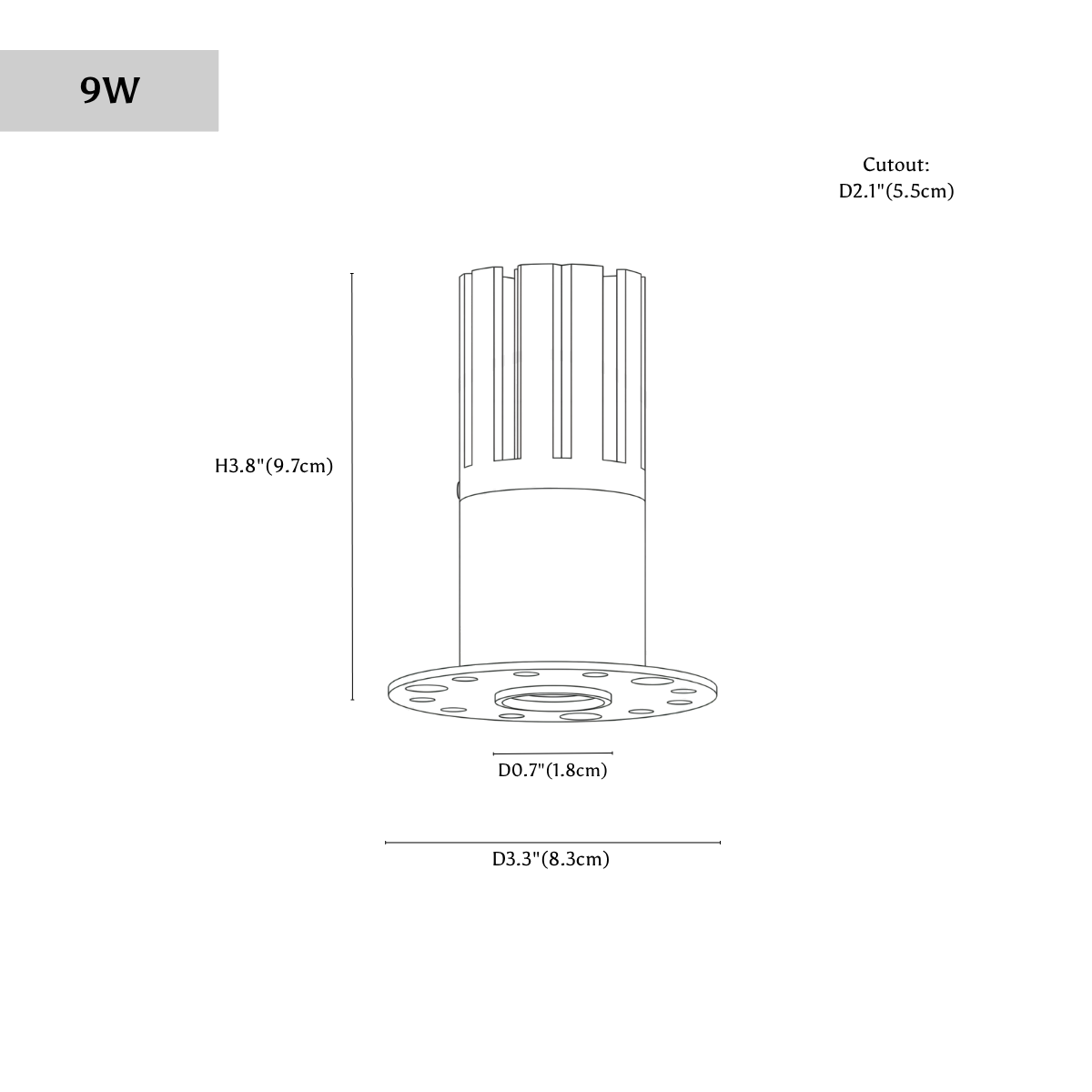 Clérachic downlight dimension drawing, 9 W, every measurement marked in centimetres and inches.