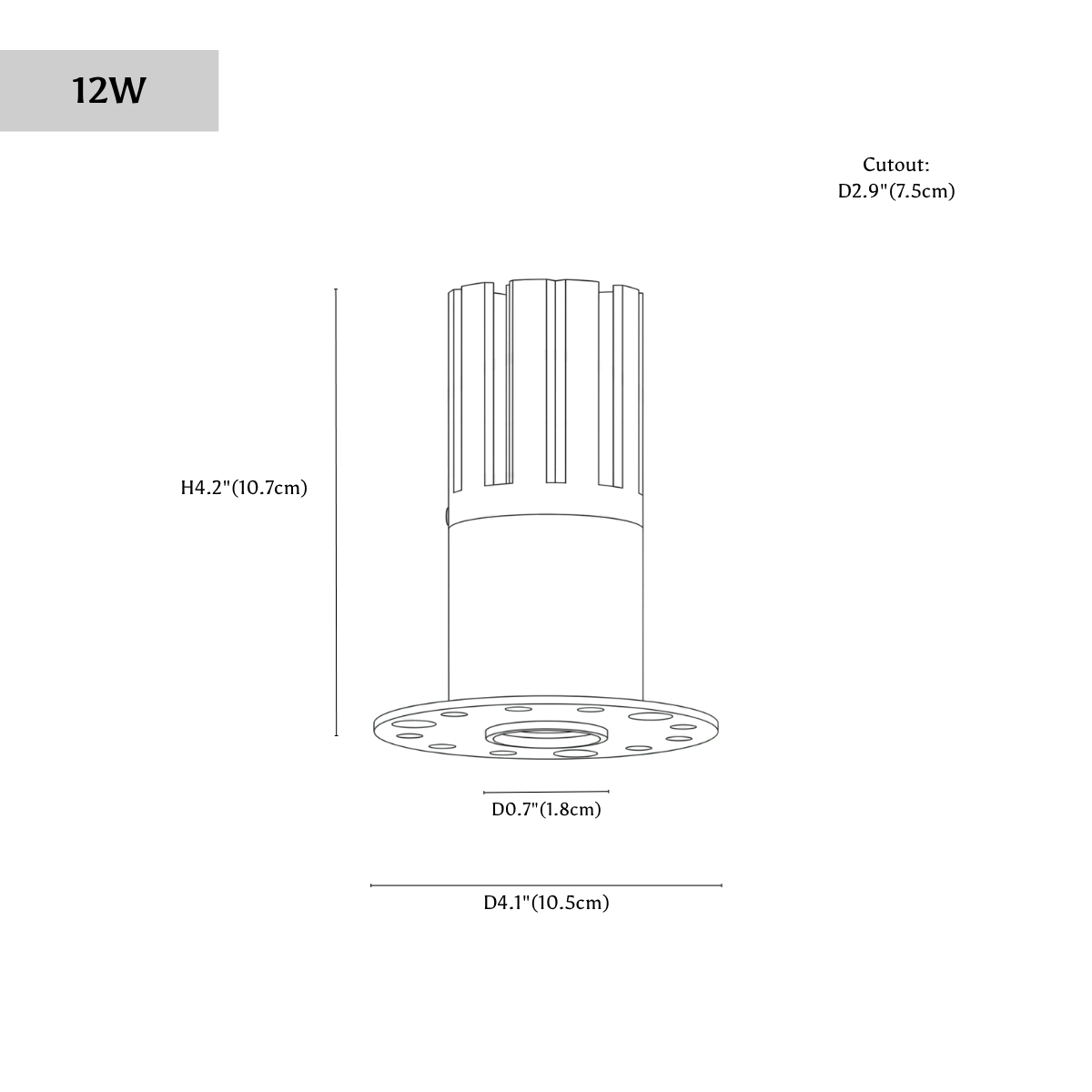 Clérachic downlight dimension drawing, 12 W, every measurement marked in centimetres and inches.