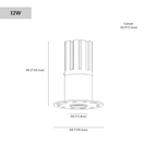 Clérachic downlight dimension drawing, 12 W, every measurement marked in centimetres and inches.