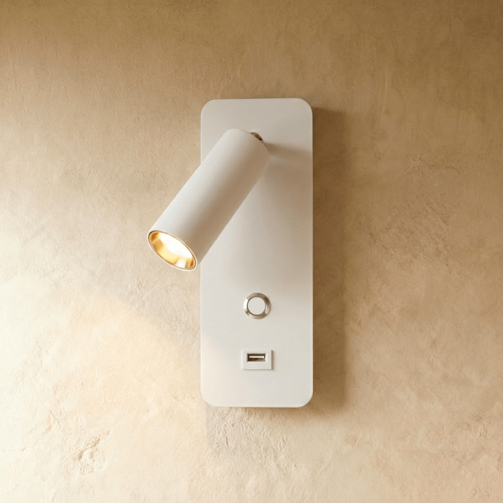 A white wall-mounted reading light with an adjustable spot and USB port glows warm against a plaster wall, Clérachic hero shot.